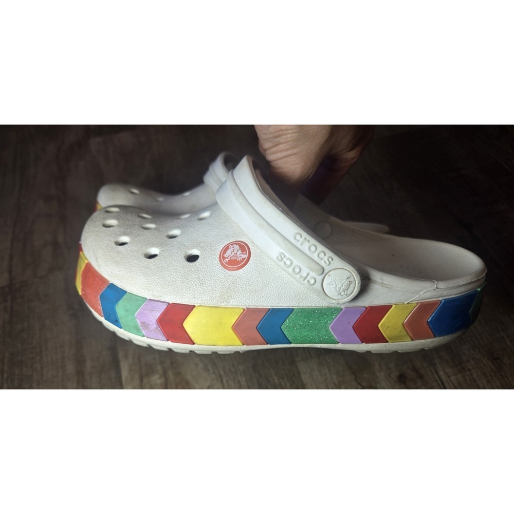 Crocs Kids Classic Clog with Rainbow Chevron Trim - White